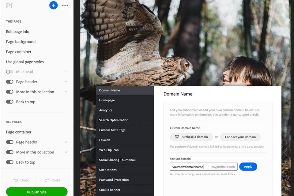 adobe portfolio photo sharing website interface