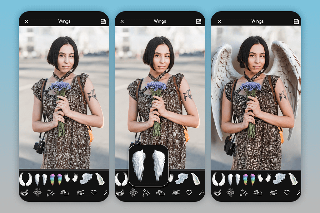 angel wings photoeditormaker app interface