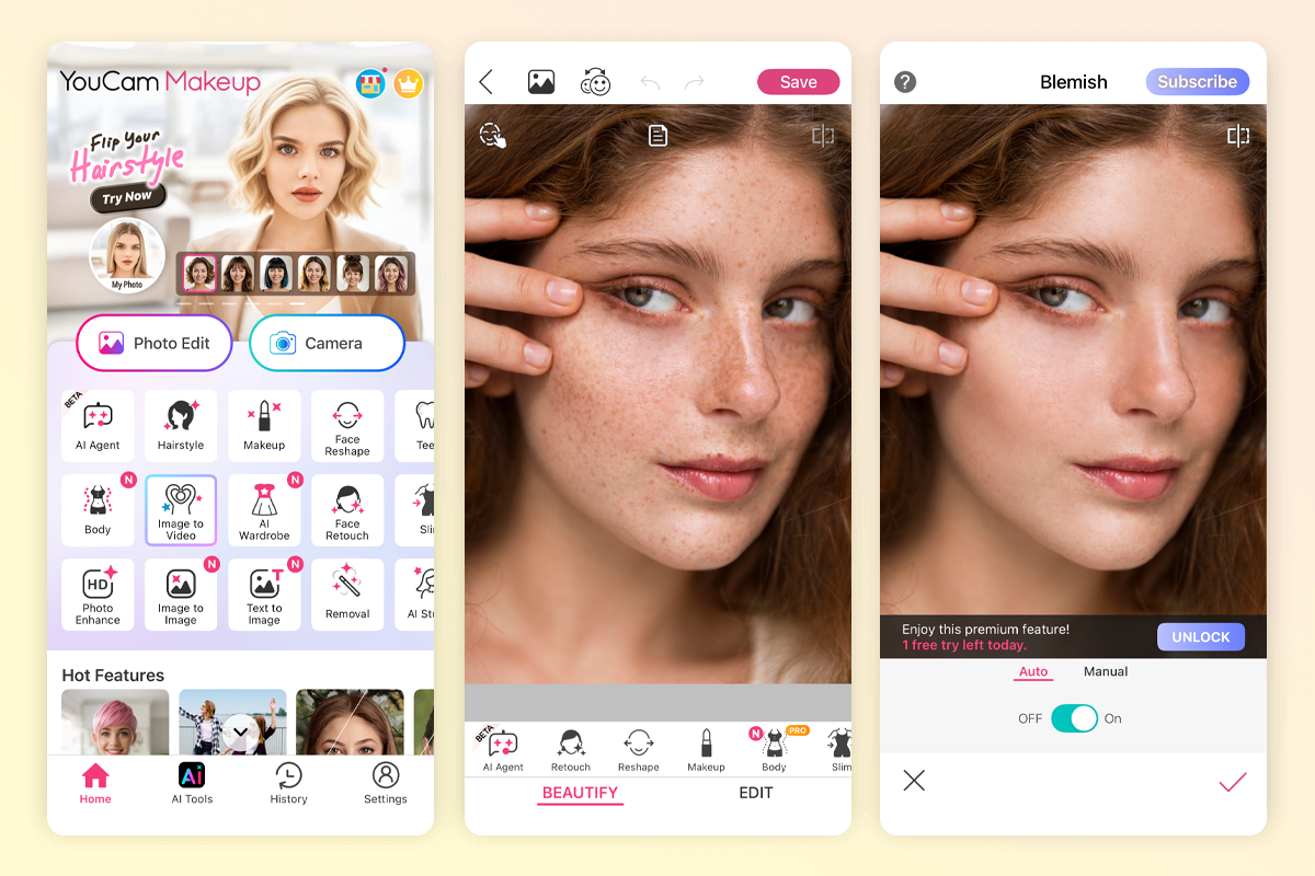 youcam perfect blemish remover app interface
