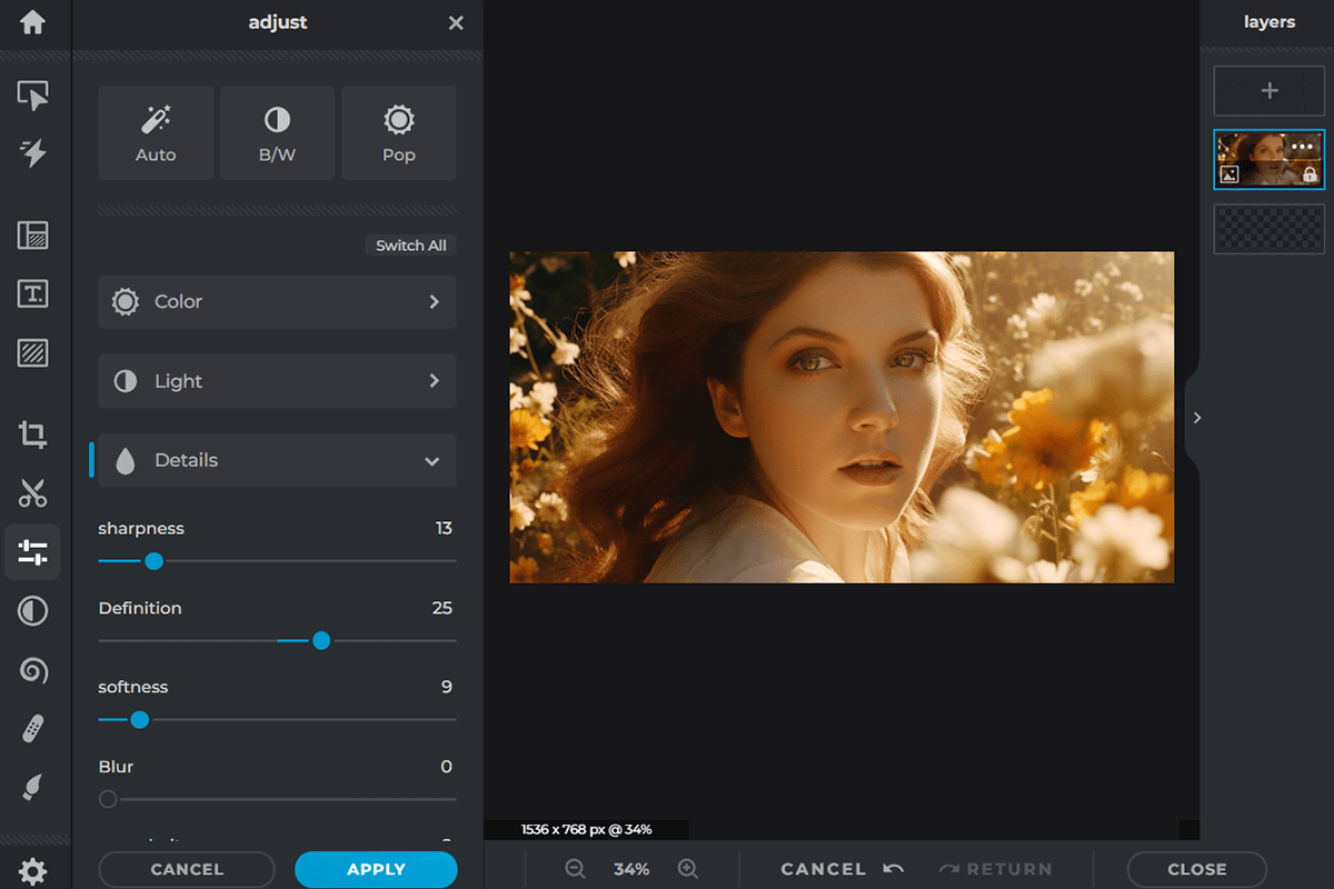 pixlr auto photo enhancer interface